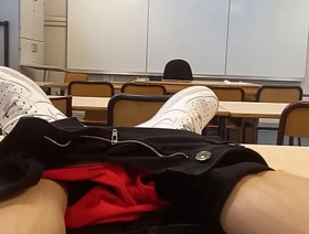Horny at school during course revision, this French-Asian student takes out his cock in public, jerks off in a risky academy classroom hot school gay porn