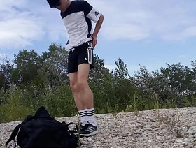 Cute twink Jon Arteen wears black Adidas outfit, shows his underwear, walks freeballing, jerking off throught his short shorts, cumming outdoor joyful korean porn solo