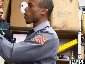 Tattooed Ebony thief barebacked hard by a security veteran gay porn super hot