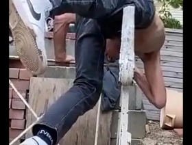 Stretching and Twisting on wrought iron railing in just jeans for Pain Relief hot gay clips porn